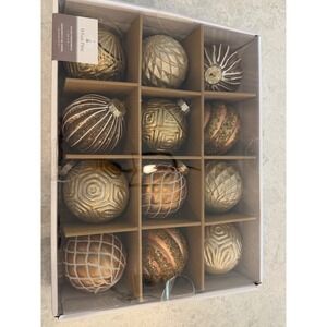 White Pine Glass Christmas Ornaments Set of 12 Gold Champagne Bronze Textured